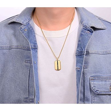 LYNX Men's Stainless Steel Black Spinel Dog Tag Pendant Necklace