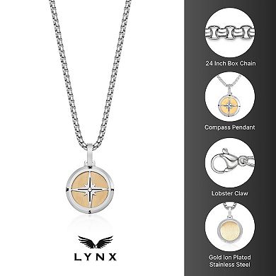Men's LYNX Stainless Steel Gold Tone Compass Pendant Necklace