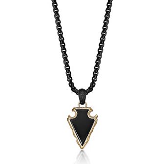 LYNX Men's Stainless Steel Black Agate Arrow Head Pendant Necklace