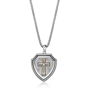 Men's LYNX Stainless Steel Lab-Created White Sapphire Cross Shield Pendant Necklace