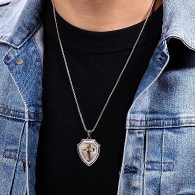 Men's LYNX Stainless Steel Lab-Created White Sapphire Cross Shield Pendant Necklace