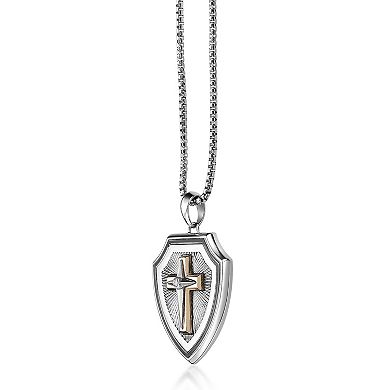 Men's LYNX Stainless Steel Lab-Created White Sapphire Cross Shield Pendant Necklace