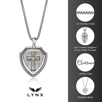 Men's LYNX Stainless Steel Lab-Created White Sapphire Cross Shield Pendant Necklace
