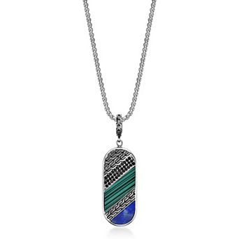 LYNX Men's Stainless Steel Black Spinel, Malachite & Blue Sodalite Pendant Necklace