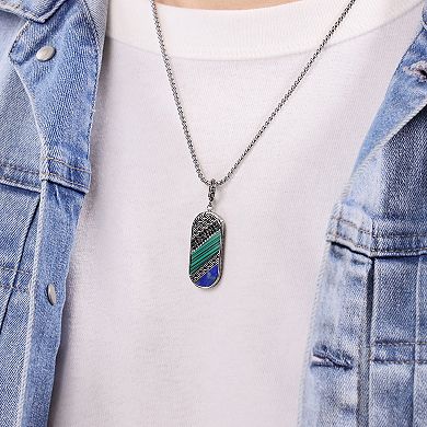 LYNX Men's Stainless Steel Black Spinel, Malachite & Blue Sodalite Pendant Necklace