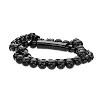 LYNX Men's Stainless Steel Black Agate Box Chain Wrap Bracelet