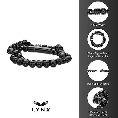 LYNX Men's Stainless Steel Black Agate Box Chain Wrap Bracelet