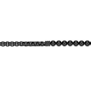 LYNX Men's Stainless Steel Black Agate Box Chain Wrap Bracelet
