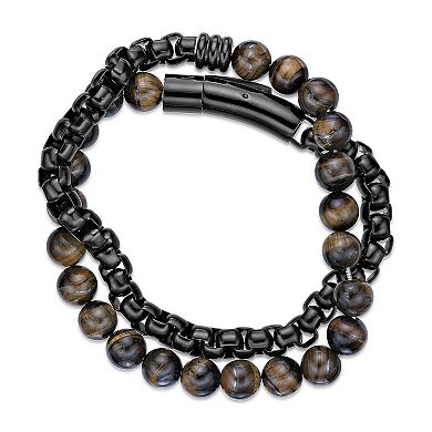 LYNX Men's Stainless Steel Tiger Eye Beaded Box Chain Wrap Bracelet