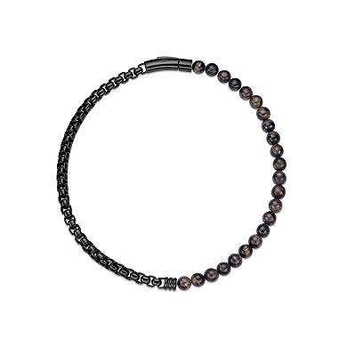 LYNX Men's Stainless Steel Tiger Eye Beaded Box Chain Wrap Bracelet