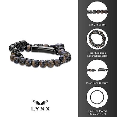 LYNX Men's Stainless Steel Tiger Eye Beaded Box Chain Wrap Bracelet