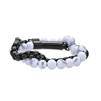 LYNX Men's Stainless Steel Howlite Beaded Box Chain Wrap Bracelet