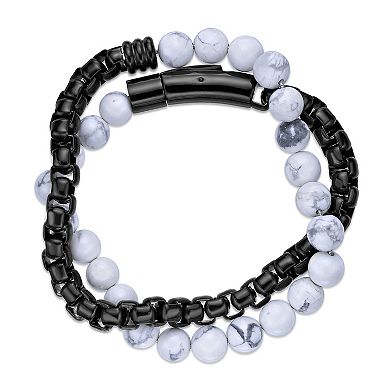 LYNX Men's Stainless Steel Howlite Beaded Box Chain Wrap Bracelet
