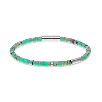 LYNX Men's Stainless Steel Green Agate Bead Bracelet