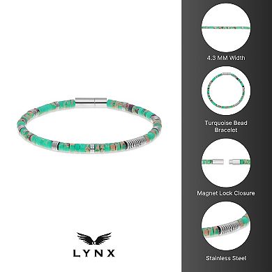LYNX Men's Stainless Steel Green Agate Bead Bracelet