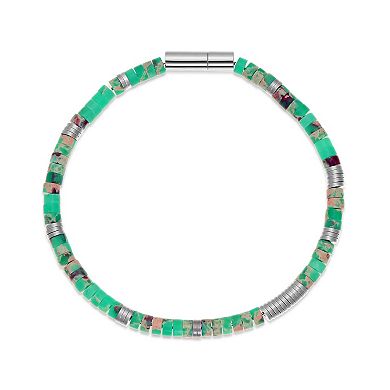 LYNX Men's Stainless Steel Green Agate Bead Bracelet