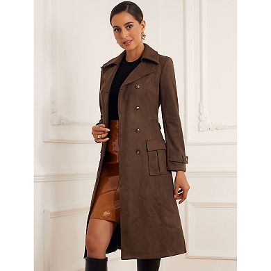 Faux Suede Trench Coat for Women's Notched Lapel Double Breasted Belted Long Sleeve Coats
