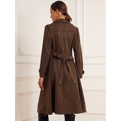 Faux Suede Trench Coat for Women's Notched Lapel Double Breasted Belted Long Sleeve Coats