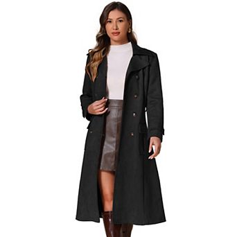 Faux Suede Trench Coat for Women's Notched Lapel Double Breasted Belted Long Sleeve Coats