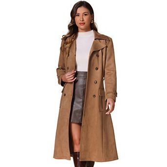 Faux Suede Trench Coat for Women's Notched Lapel Double Breasted Belted Long Sleeve Coats