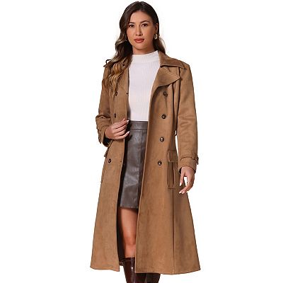 Faux Suede Trench Coat For Women's Notched Lapel Double