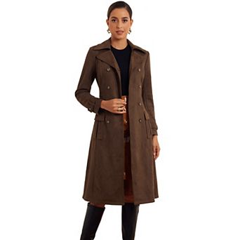 Faux Suede Trench Coat For Women's Notched Lapel Double Breasted Belted Long Sleeve Coats