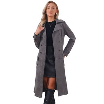 Faux Suede Trench Coat for Women's Notched Lapel Double Breasted Belted Long Sleeve Coats