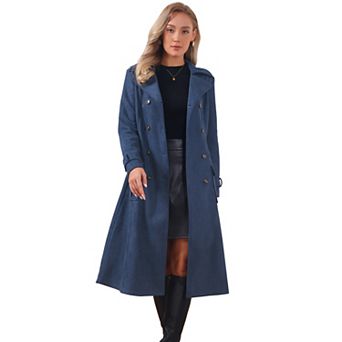 Faux Suede Trench Coat for Women's Notched Lapel Double Breasted Belted Long Sleeve Coats