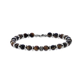 LYNX Tiger's Eye Quartz and Stainless Steel Alternating Beaded Men's Bracelet