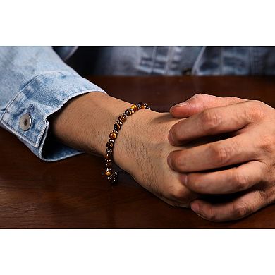 LYNX Tiger's Eye Quartz and Stainless Steel Alternating Beaded Men's Bracelet