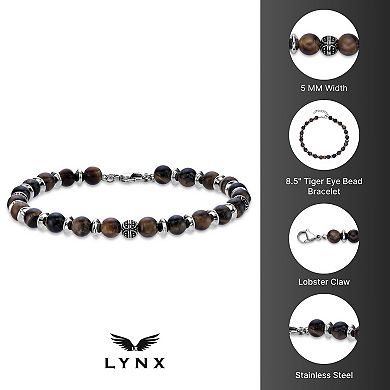 LYNX Tiger's Eye Quartz and Stainless Steel Alternating Beaded Men's Bracelet