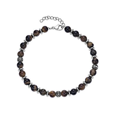 LYNX Tiger's Eye Quartz and Stainless Steel Alternating Beaded Men's Bracelet