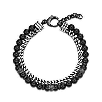 Men's LYNX Stainless Steel Chain and Black Agate Beaded Bracelet