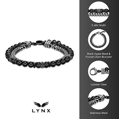 Men's LYNX Stainless Steel Chain and Black Agate Beaded Bracelet