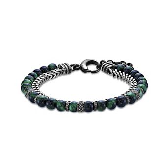 LYNX Men's Stainless Steel Green Tiger Eye Bead Bracelet