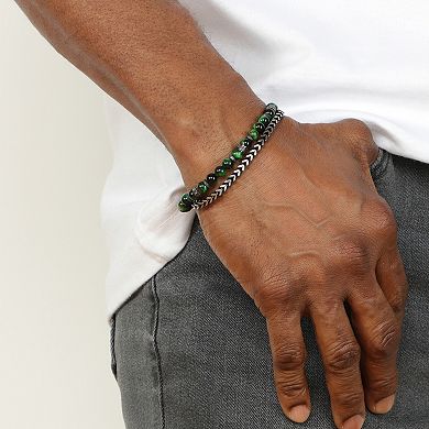 LYNX Men's Stainless Steel Green Tiger Eye Bead Bracelet