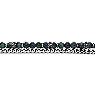 LYNX Men's Stainless Steel Green Tiger Eye Bead Bracelet