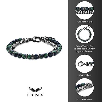 LYNX Men's Stainless Steel Green Tiger Eye Bead Bracelet