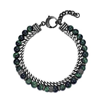 LYNX Men's Stainless Steel Green Tiger Eye Bead Bracelet