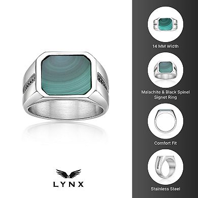LYNX Men's Stainless Steel Malachite Black Spinel Ring