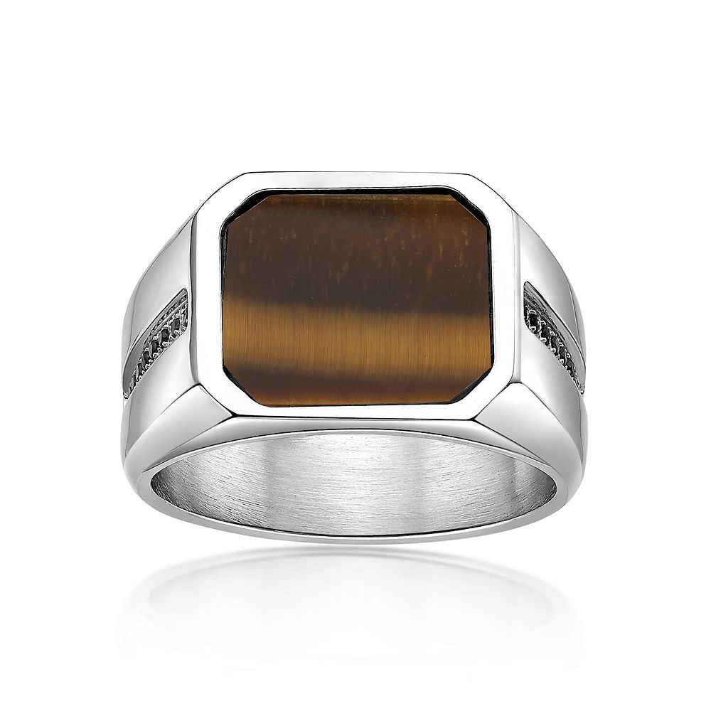 Men's Stainless Steel Tiger Eye Stone Ring - Silver Rectangle Ring, Sizes 8-13
