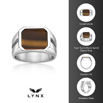 LYNX Men's Stainless Steel Tiger Eye Black Spinel Ring