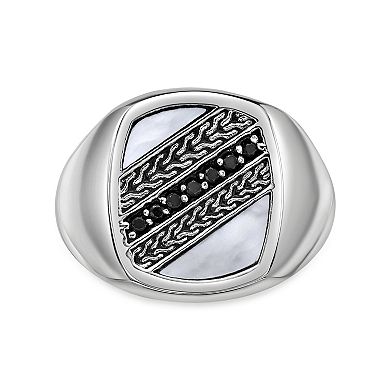 Men's LYNX Stainless Steel Mother of Pearl & Spinel Signet Ring