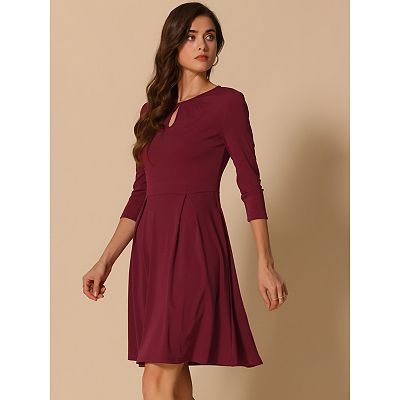 Elegant Dresses For Women's Crew Neck 3/4 Sleeve Pleated Neck A-line Above  Knee Dress