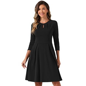 Elegant Dresses For Women's Crew Neck 3/4 Sleeve Pleated Neck A-line Above Knee Dress