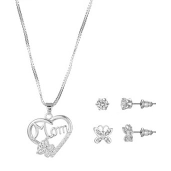 Silver Tone Cubic Zirconia "Mom" Heart Pendant Necklace & Stud Earrings Duo Set