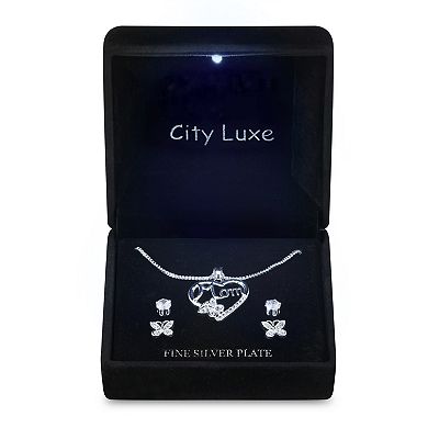 Silver Tone Cubic Zirconia "Mom" Heart Pendant Necklace & Stud Earrings Duo Set