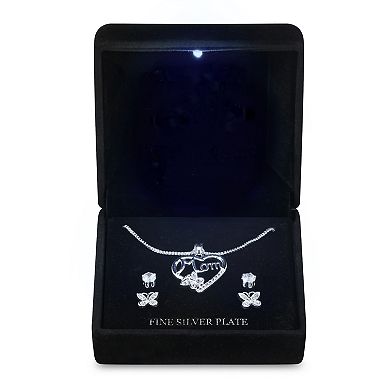 Silver Tone Cubic Zirconia "Mom" Heart Pendant Necklace & Stud Earrings Duo Set