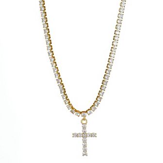 Gold Tone Cubic Zirconia Cross Pendant Tennis Necklace
