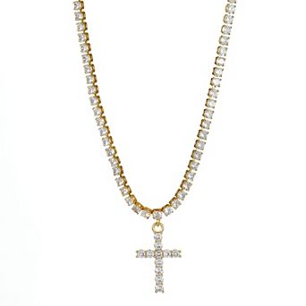 Gold Tone Cubic Zirconia Cross Pendant Tennis Necklace